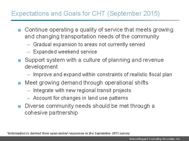 Expectations and Goals for CHT (September 2015) ■ Continue operating a quality of service