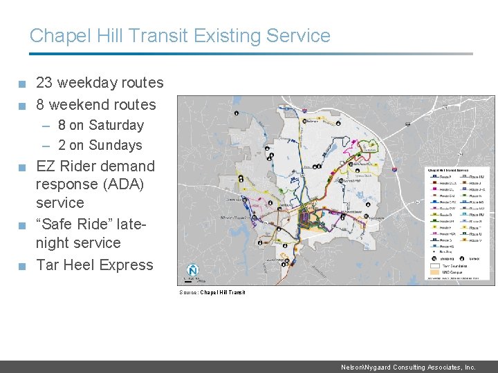 Chapel Hill Transit Existing Service ■ 23 weekday routes ■ 8 weekend routes –