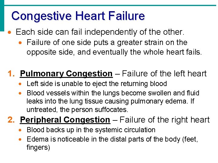 Congestive Heart Failure · Each side can fail independently of the other. · Failure Congestive Heart Failure · Each side can fail independently of the other. · Failure