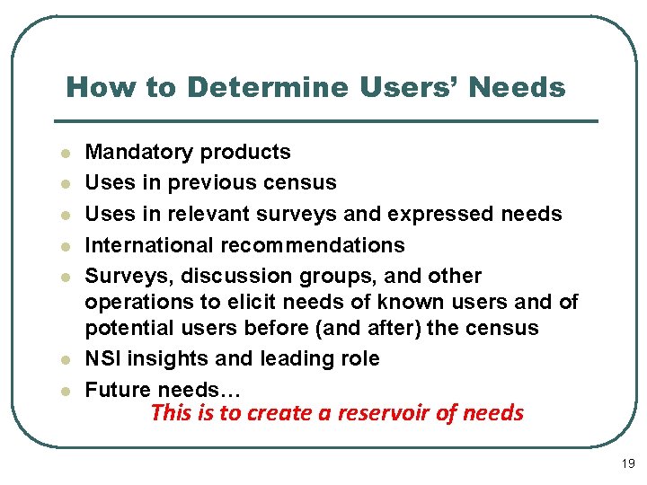 How to Determine Users’ Needs l l l l Mandatory products Uses in previous