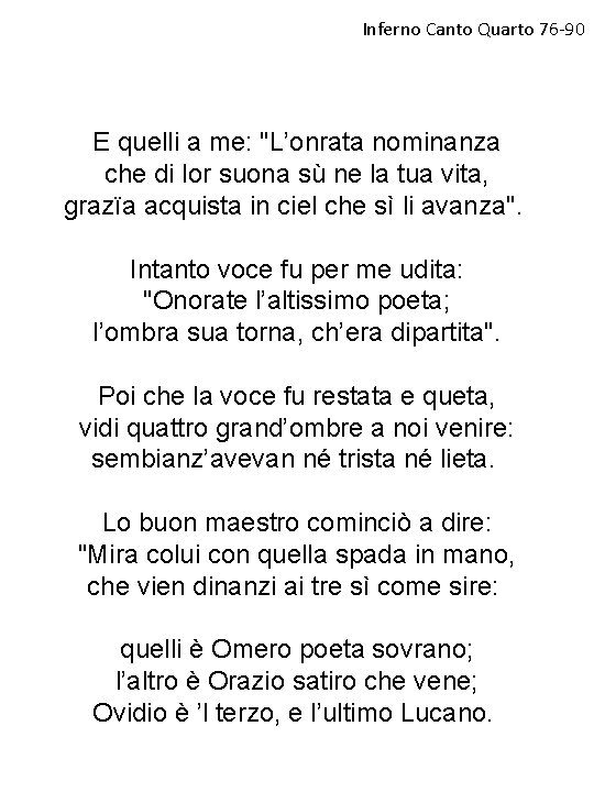Inferno Canto Quarto 76 -90 E quelli a me: "L’onrata nominanza che di lor