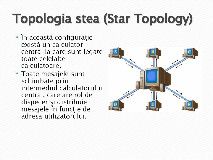 Topologia stea (Star Topology) În această configuraţie există un calculator central la care sunt