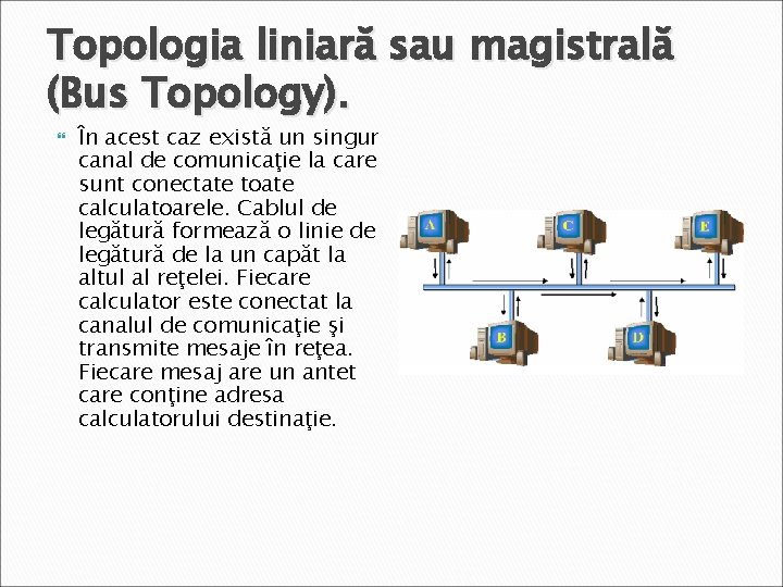 Topologia liniară sau magistrală (Bus Topology). În acest caz există un singur canal de