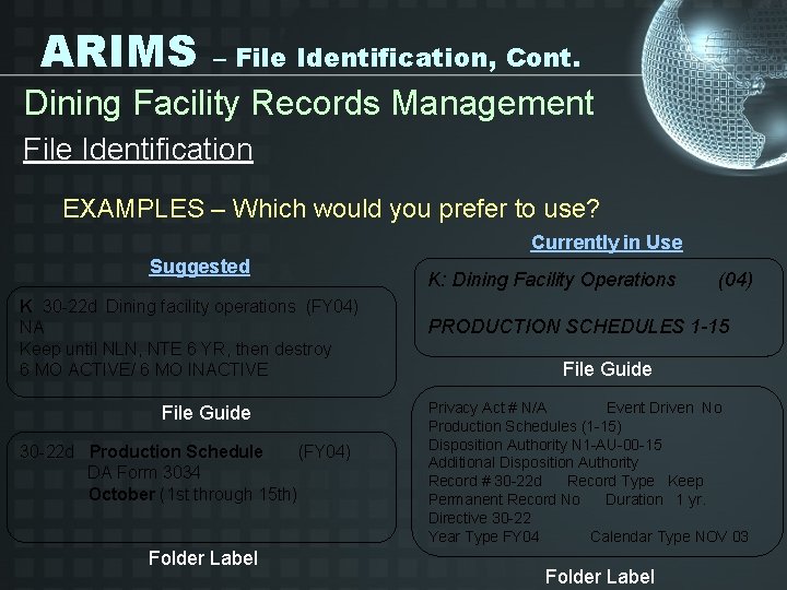 ARIMS – File Identification, Cont. Dining Facility Records Management File Identification EXAMPLES – Which