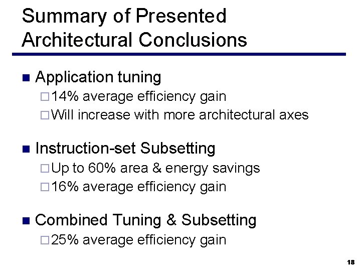Summary of Presented Architectural Conclusions n Application tuning ¨ 14% average efficiency gain ¨