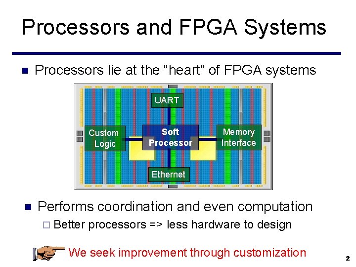 Processors and FPGA Systems n Processors lie at the “heart” of FPGA systems UART