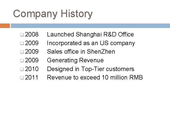Company History q 2008 q 2009 q 2010 q 2011 Launched Shanghai R&D Office
