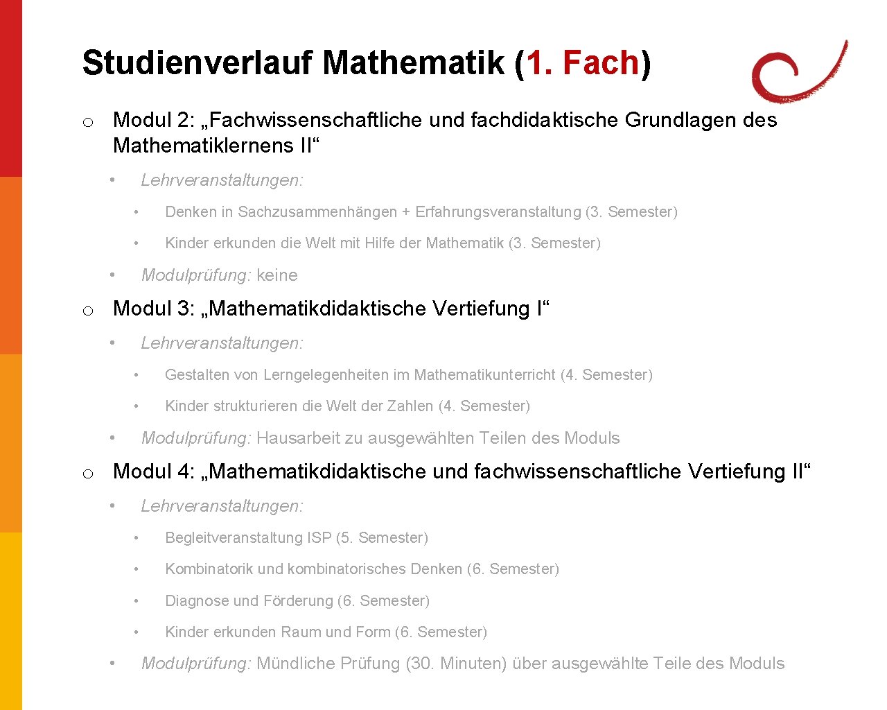 Studienverlauf Mathematik (1. Fach) o Modul 2: „Fachwissenschaftliche und fachdidaktische Grundlagen des Mathematiklernens II“