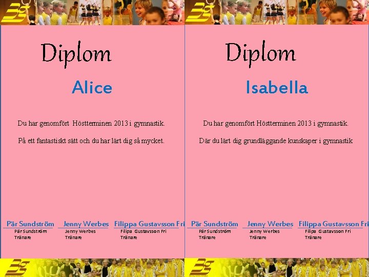Diplom Alice Isabella Du har genomfört Höstterminen 2013 i gymnastik. På ett fantastiskt sätt