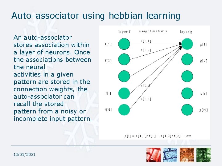 Auto-associator using hebbian learning An auto-associator stores association within a layer of neurons. Once