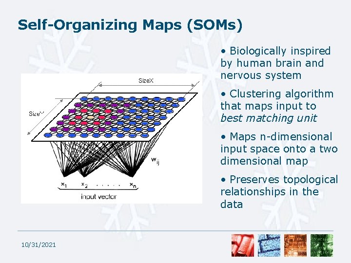 Self-Organizing Maps (SOMs) • Biologically inspired by human brain and nervous system • Clustering