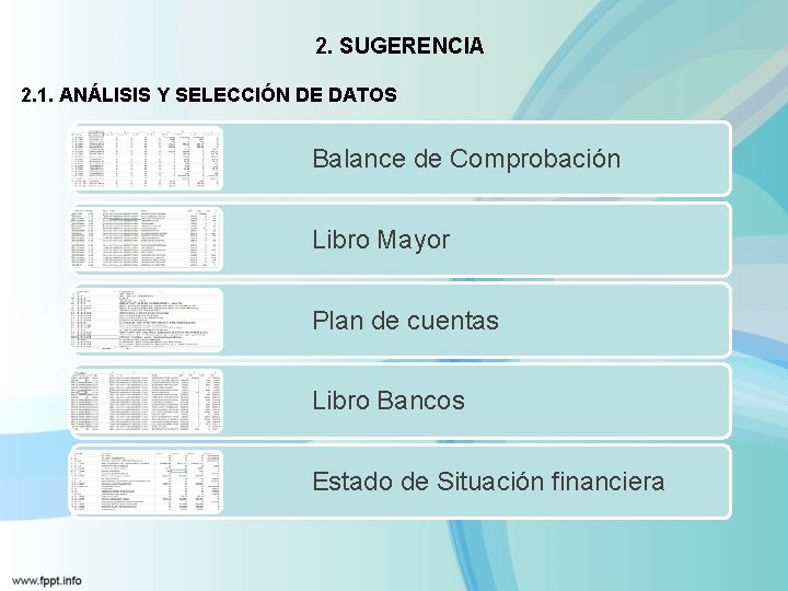 2. SUGERENCIA 2. 1. ANÁLISIS Y SELECCIÓN DE DATOS Balance de Comprobación Libro Mayor