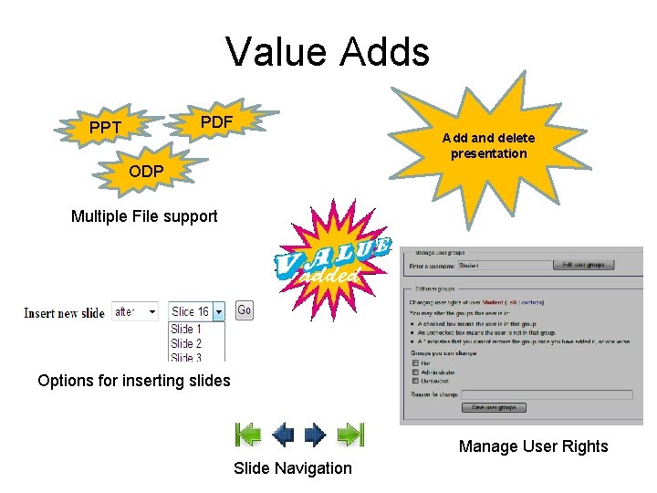 Value Adds PDF PPT Add and delete presentation ODP Multiple File support Options for