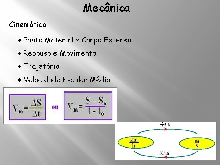 Mecânica Cinemática ♦ Ponto Material e Corpo Extenso ♦ Repouso e Movimento ♦ Trajetória