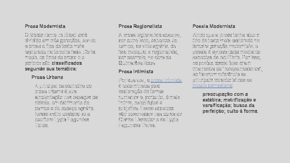 Prosa Modernista Prosa Regionalista Poesia Modernista O Modernismo no Brasil está dividido em três