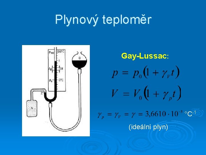 Plynový teploměr Gay-Lussac: °C-1 (ideální plyn) 