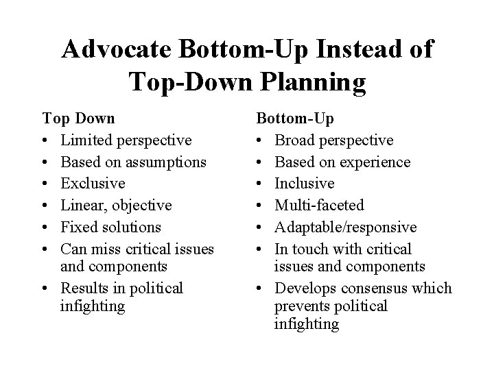 Advocate Bottom-Up Instead of Top-Down Planning Top Down • Limited perspective • Based on