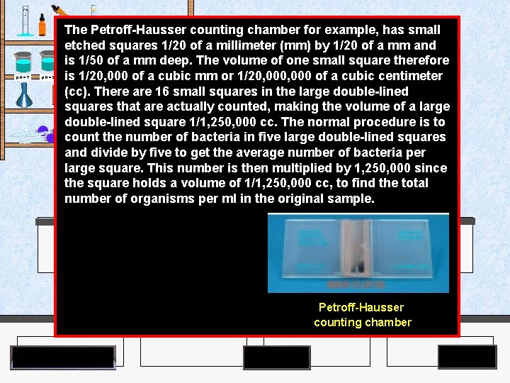 The Petroff-Hausser counting chamber for example, has small etched squares 1/20 of a millimeter