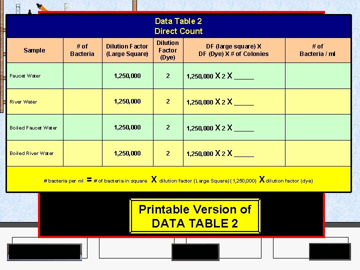 Data Table 2 Direct Count Agar Plates Dilution Factor (Large Square) Dilution Factor (Dye)