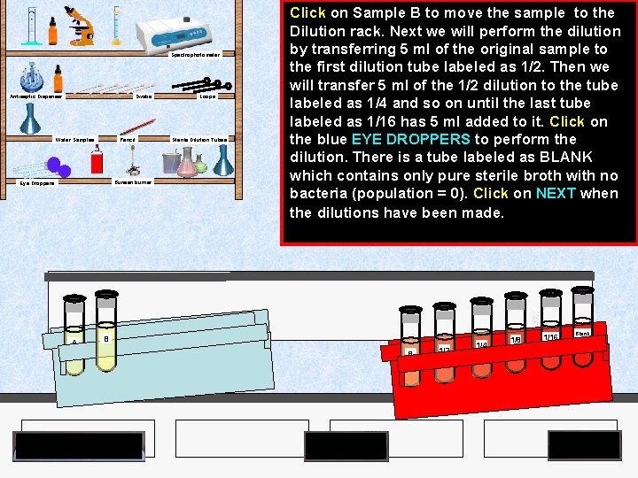 Spectrophotometer Antiseptic Dispenser Swabs Pencil Water Samples Bunsen burner Eye Droppers A Loops Sterile