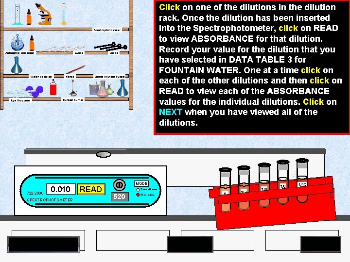 Click on one of the dilutions in the dilution rack. Once the dilution has