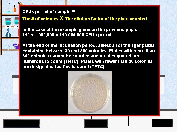CFUs per ml of sample = Agar Plates The # of colonies X The
