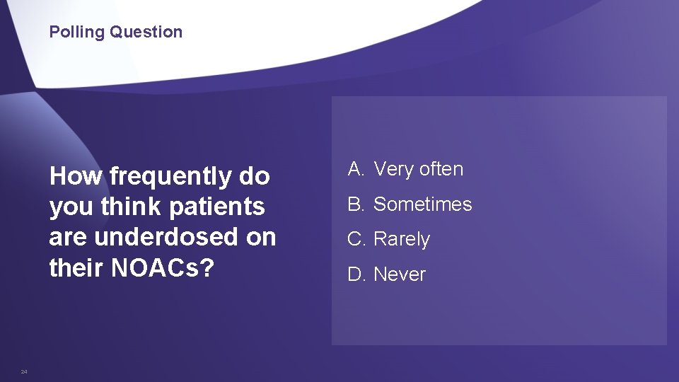 Polling Question How frequently do you think patients are underdosed on their NOACs? 24