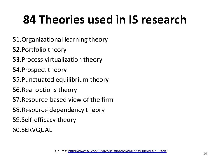 84 Theories used in IS research 51. Organizational learning theory 52. Portfolio theory 53.