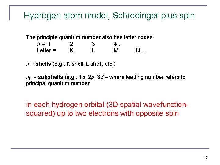 Hydrogen atom model, Schrödinger plus spin The principle quantum number also has letter codes.