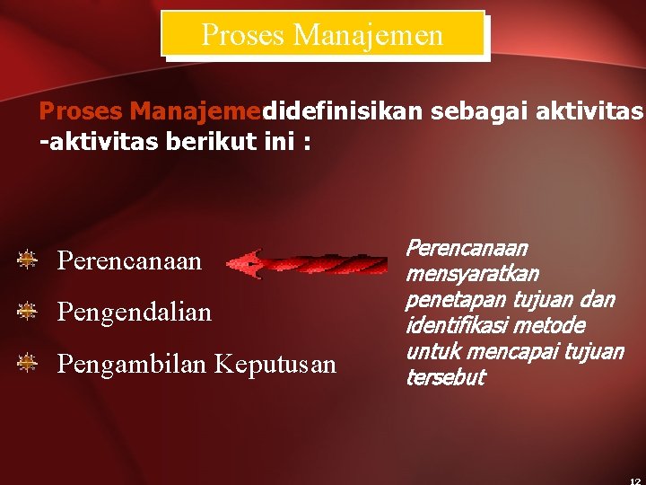Proses Manajemen didefinisikan sebagai aktivitas -aktivitas berikut ini : Perencanaan Pengendalian Pengambilan Keputusan Perencanaan