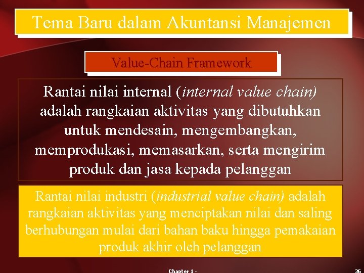 Tema Baru dalam Akuntansi Manajemen Value-Chain Framework Rantai nilai internal (internal value chain) adalah