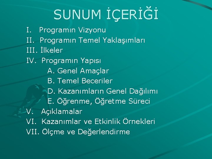 SUNUM İÇERİĞİ I. Programın Vizyonu II. Programın Temel Yaklaşımları III. İlkeler IV. Programın Yapısı