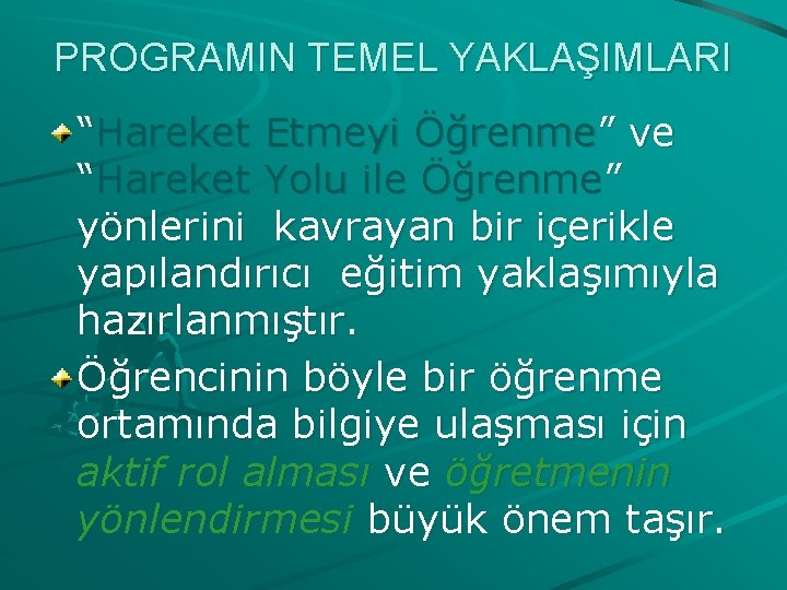 PROGRAMIN TEMEL YAKLAŞIMLARI “Hareket Etmeyi Öğrenme” ve “Hareket Yolu ile Öğrenme” yönlerini kavrayan bir