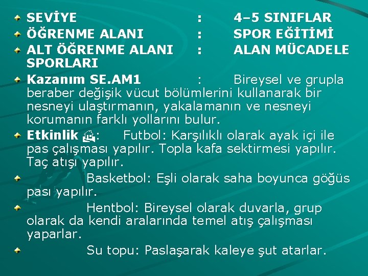 SEVİYE : 4– 5 SINIFLAR ÖĞRENME ALANI : SPOR EĞİTİMİ ALT ÖĞRENME ALANI :