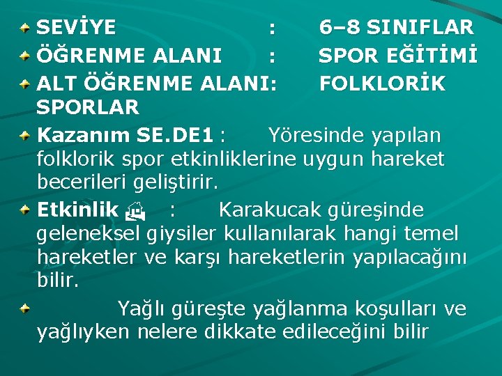 SEVİYE : 6– 8 SINIFLAR ÖĞRENME ALANI : SPOR EĞİTİMİ ALT ÖĞRENME ALANI: FOLKLORİK