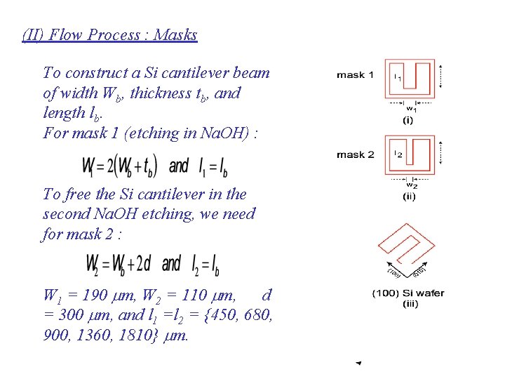 (II) Flow Process : Masks To construct a Si cantilever beam of width Wb,