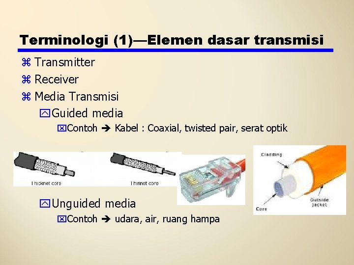 Terminologi (1)—Elemen dasar transmisi z Transmitter z Receiver z Media Transmisi y. Guided media