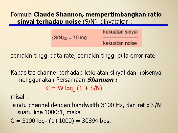Formula Claude Shannon, mempertimbangkan ratio sinyal terhadap noise (S/N) dinyatakan : semakin tinggi data