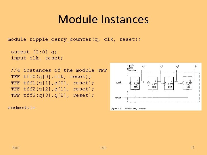 Module Instances module ripple_carry_counter(q, clk, reset); output [3: 0] q; input clk, reset; //4