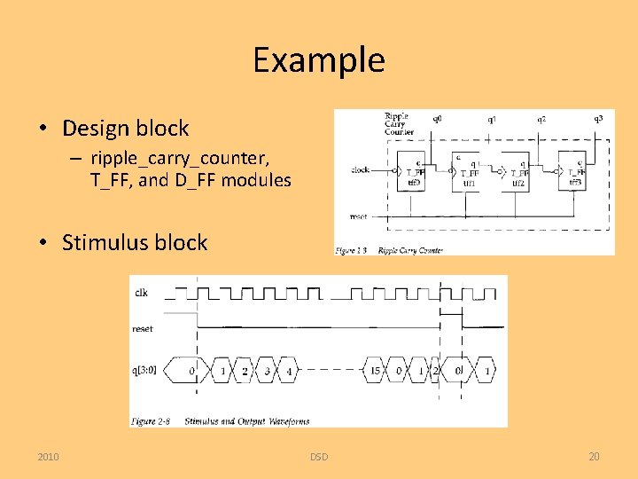 Example • Design block – ripple_carry_counter, T_FF, and D_FF modules • Stimulus block 2010