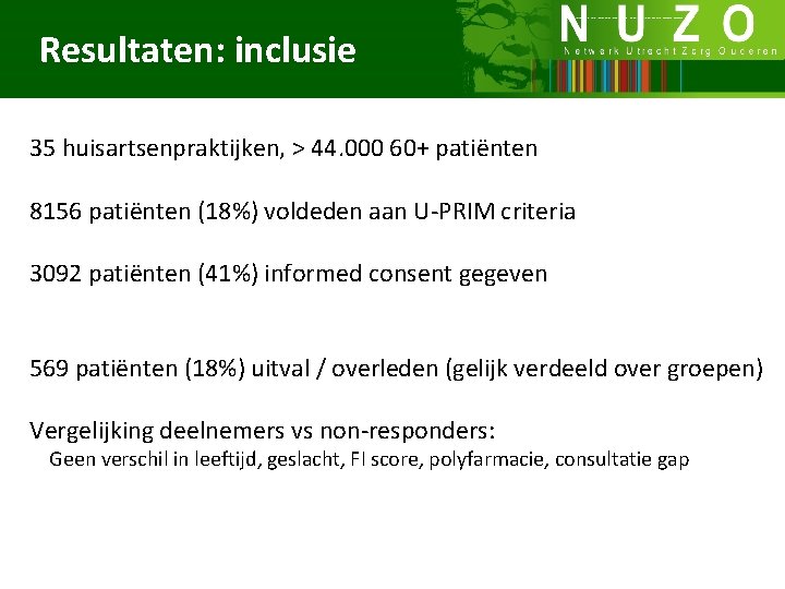 Resultaten: inclusie 35 huisartsenpraktijken, > 44. 000 60+ patiënten 8156 patiënten (18%) voldeden aan