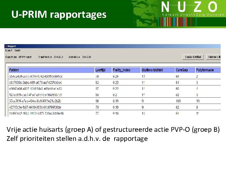 U-PRIM rapportages Vrije actie huisarts (groep A) of gestructureerde actie PVP-O (groep B) Zelf