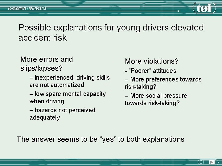 Possible explanations for young drivers elevated accident risk More errors and slips/lapses? – inexperienced,