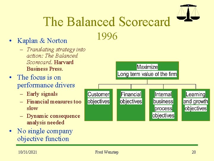 The Balanced Scorecard • Kaplan & Norton 1996 – Translating strategy into action: The