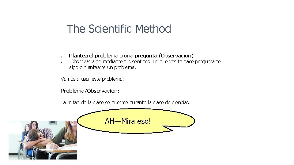 The Scientific Method 1. 2. Plantea el problema o una pregunta (Observación) Observas algo