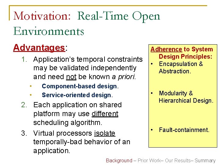 Motivation: Real-Time Open Environments Advantages: 1. Application’s temporal constraints may be validated independently and