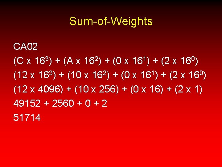 Sum-of-Weights CA 02 (C x 163) + (A x 162) + (0 x 161)