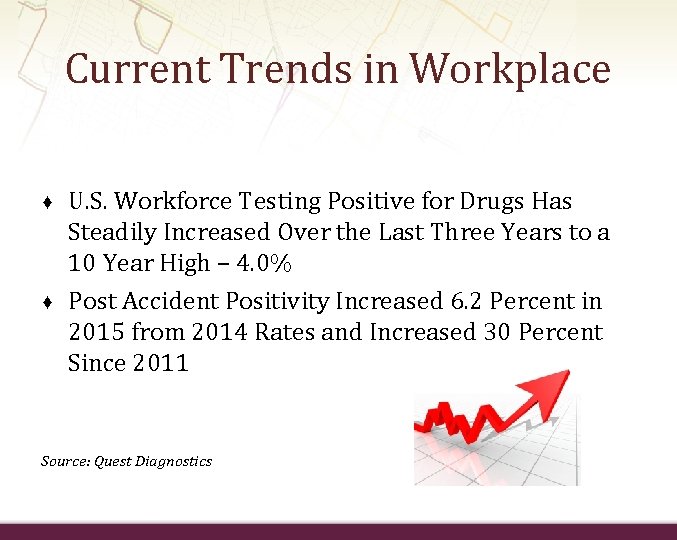 Current Trends in Workplace ♦ ♦ U. S. Workforce Testing Positive for Drugs Has