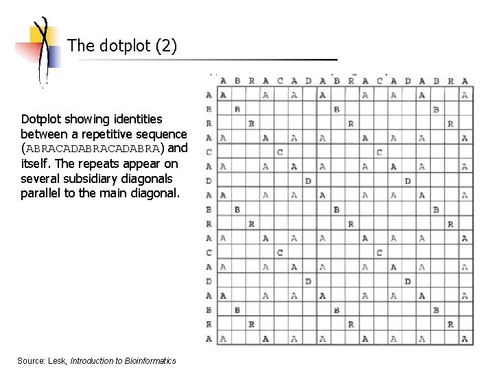 The dotplot (2) Dotplot showing identities between a repetitive sequence (ABRACADABRA) and itself. The