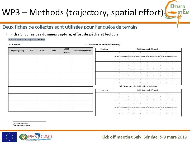 WP 3 – Methods (trajectory, spatial effort) Deux fiches de collectes sont utilisées pour